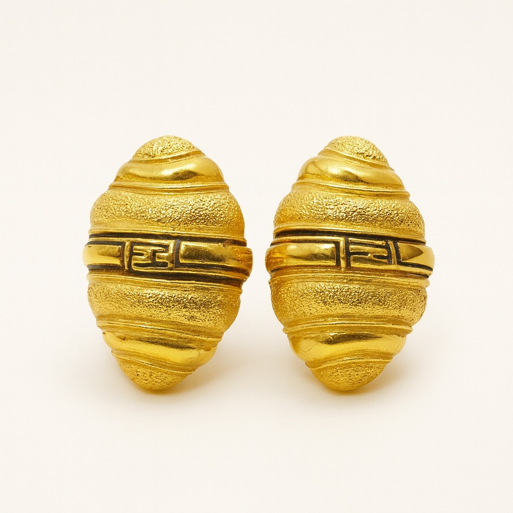 Authentic Vintage Fendi Gold-Tone Clip‑On Oval Earrings with Greek Key Detail